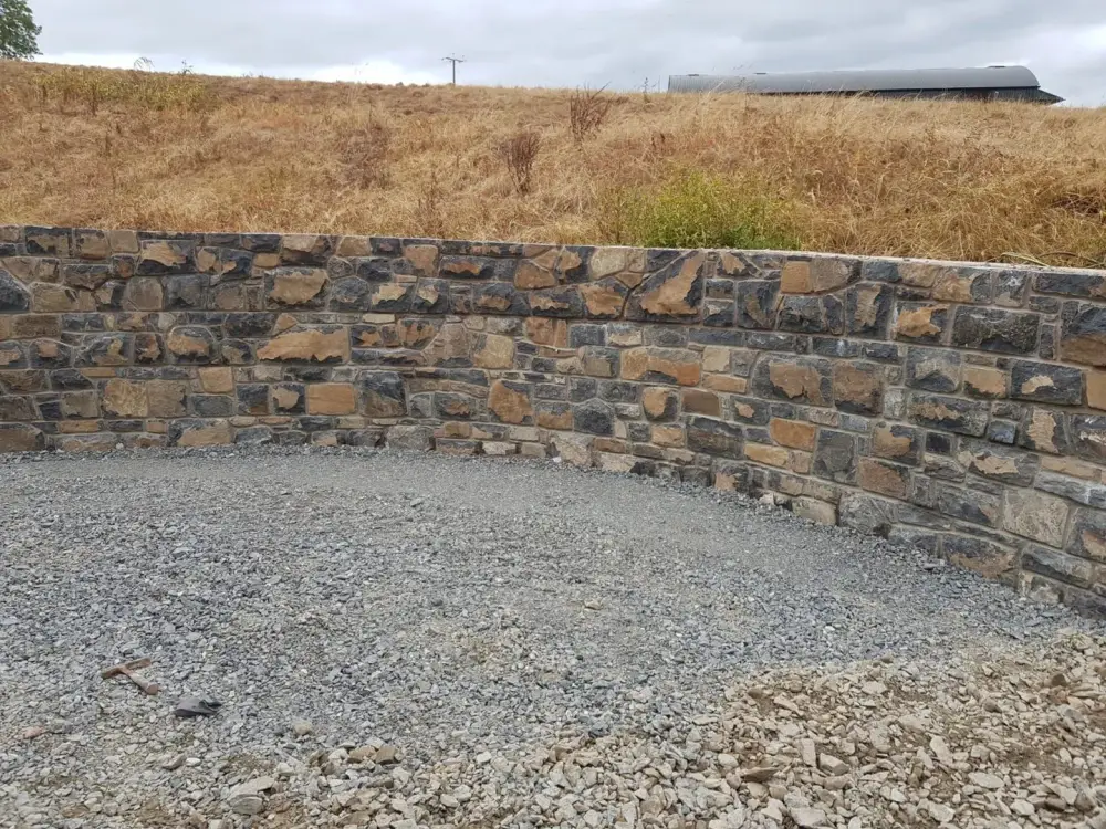 Close view of the dressed stonework and brick arch details